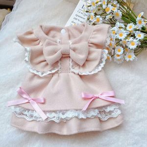 Robe de princesse avec nœud pour petits et moyens chiens, vêtements pour animaux de compagnie printemps, robe d'ange rose nude avec bordure en dentelle - Product Image 4