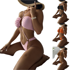 NOUVEAU Ensemble de bikini deux pièces sexy uni push-up dos nu à découpe haute pour femme, maillot de bain personnalisé à col licou - Product Image 3
