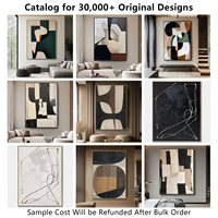 Peinture sur toile abstraite de style mid-century moderne, formes géométriques beige et noires, peinte à la main, art mural bohème pour salon