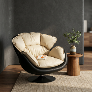 Modern Egg Chair PU Leather Cream Cushion Black Base Revolving Living Room Furniture - Product Image 1