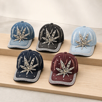 Casquette de baseball en jean délavé vintage avec applique feuille en strass, clous perlés, sangle réglable, unisexe, style streetwear, casquette de papa