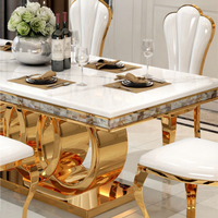 Table de salle à manger rectangulaire de luxe moderne pour restaurant, avec structure métallique et texture marbre, ensemble de meubles
