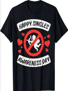 Happy Singles Awareness Day Funny Anti Valentines T-shirt da uomo in cotone a maniche corte con stampa frontale casual, vestibilità regolare - Product Image 1