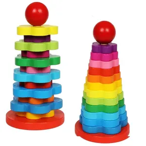 Wholesale Customized Montessori Rainbow Early Educational Toys Rainbow Stacking Blocks tower Good Quality Wooden Rainbow Tower