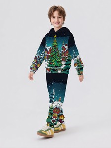 Ensemble deux pièces <span class=keywords><strong>sweat</strong></span> à capuche et pantalon pour garçons 2025, motif imprimé style Noël - Product Image 6