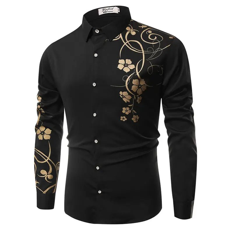 Long Sleeve Print Black Shirt For Men, Casual Stand Collar 2021 Men Slim Fit Shirt