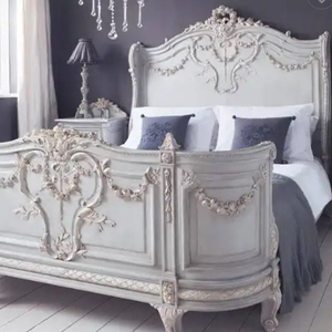 Ensemble de chambre à coucher classique en bois massif sculpté de style antique ivoire, style romantique français victorien, chambre à coucher pour fille, taille Queen, gris - Product Image 1