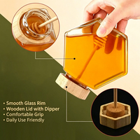 Pot à miel hexagonal en verre personnalisé avec couvercle en bois et cuillère à miel, récipient transparent pour miel 100ml 220ml 380ml
