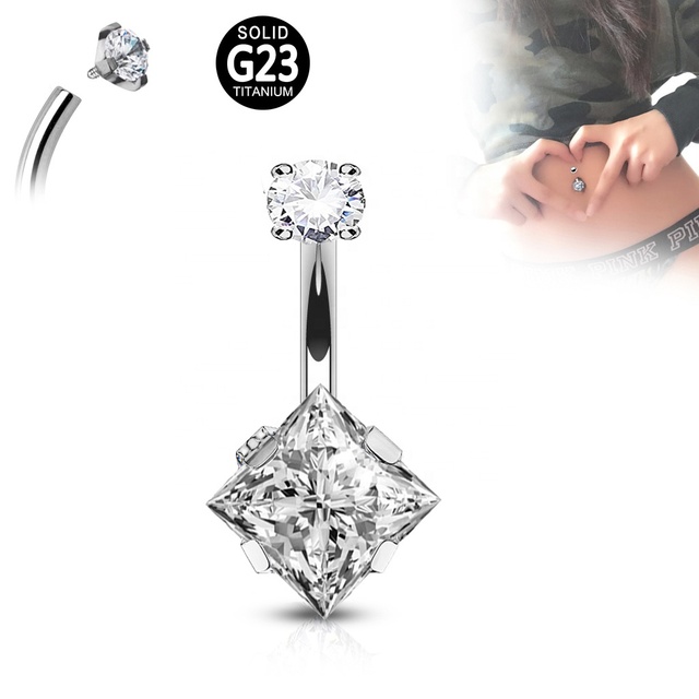Wholesale Custom ASTM-F136 Titanium Piercing Double Prong Set Zircon Square Navel Rings Zircon Belly Button Rings Jewelry