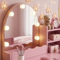 Coiffeuse moderne en bois pour enfants avec table, chaise, miroir lumineux et 2 tiroirs – Idéale pour la vente en gros
