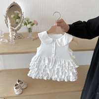 Robe d'été pour filles, en coton, couleur unie, col Peter Pan, sans manches, superposée, pour bébé