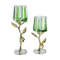 Nouveau design moderne en alliage de zinc transparent en forme de gobelet vert Bougeoir à fleurs dorées Récipient unique de décoration en verre pour la maison