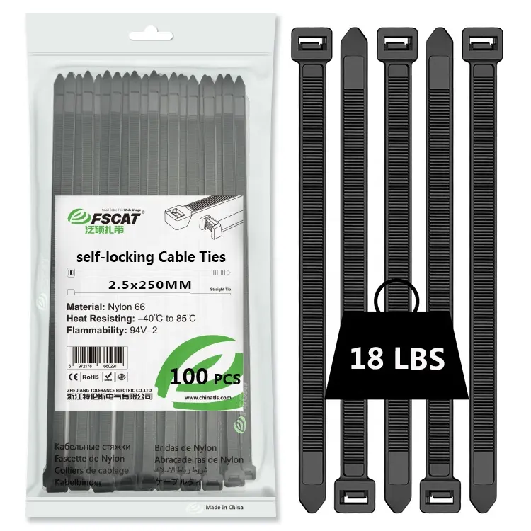 FSCAT 100 Packungen schwarze selbstschließende Kabelbindungen aus Nylon Kunststoff hohe Qualität 2,5 * 250 mm Nylon 66 Reißverschluss-Bindungen UV-beständige Kabelbindungen