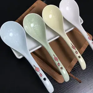 Cucharas de sopa de cerámica de estilo japonés grandes, cucharas de gachas para fiestas adornadas con diseño japonés para vajilla doméstica