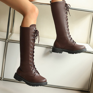 <b>Knee</b>-<b>High</b> Boots Leather Lace-Up Round Toe Flat Heel Anti-Slippery Rubber Outsole All Seasons Women's Shoes Drop Shipping - Product Image 1