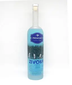 wholesales glass bottle supplier empty 750 ml liquor bottles frosted and decal 750ml vodka glass bottle with cork