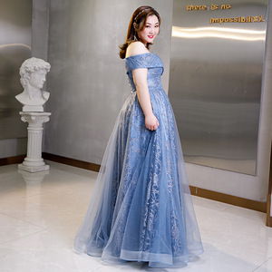 Blue Off-Shoulder Evening Gown A-Line Chiffon Empire Waist Lake Blue Elegant For Banquets And Events - Product Image 4