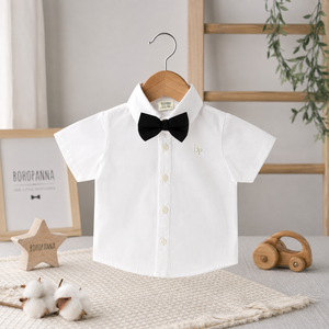 Chemise pour garçons en coton de qualité supérieure, blanche, avec nœud papillon, offrant un look formel élégant pour les événements et les fêtes spéciales - Product Image 2