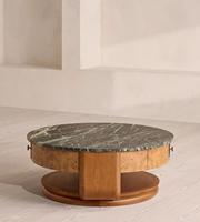 Table basse moderne personnalisable avec plateau rond en marbre vert poli, meuble de salon durable