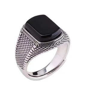 Men's Geometric Black Agate <b>Ring</b> Silver <b>Adjustable</b> Wide Band Bezel Setting Jewelry Gift - Product Image 5