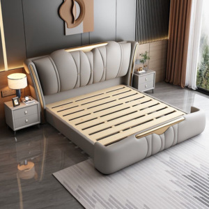 Letto Matrimoniale <span class=keywords><strong>King</strong></span>-<span class=keywords><strong>Size</strong></span> in Stile Lusso Italiano con Rivestimento in Pelle Morbida e Confortevole, Struttura in Legno di Pino con Contenitore, Livello E0 - Product Image 5