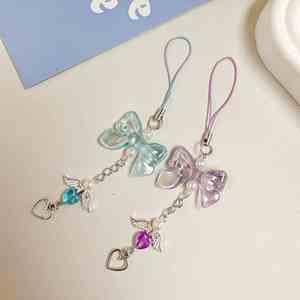 Correa de cuentas para teléfono móvil con dije de corazón y lazo de mariposa, bonita para colgar, accesorios para llavero de teléfono móvil - Product Image 3