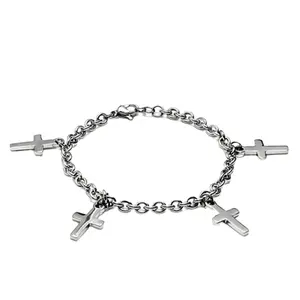 Stainless Steel Silver Tone Dangle Cross Charm Bracelet