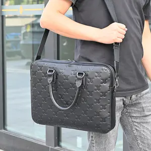 Luxury Custom Full Embossed Logo Business Office Laptop Bags Black Pu Faux Vegan Leather Lawyer Briefcases For Men