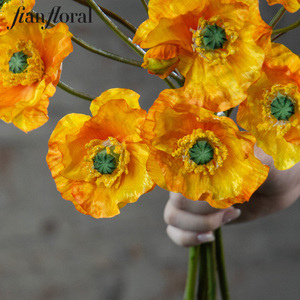 Papaveri Artificiali Decorativi a 3 Teste Gialle a Stelo Singolo in Seta, all'Ingrosso per Matrimoni e Decorazioni Domestiche - Fiori Artificiali all'Ingrosso - Product Image 5