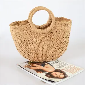 Handmade Crochet Straw Clutch round Rattan Women tote bag Straw Bags Tote Summer Beach bag