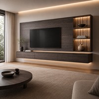 Maßgefertigter TV-Schrank mit Schwebender Basis, Medienwand-Panel, Beleuchteten Regalen und Wohnzimmer-Aufbewahrungssystem-Design