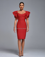 Gaun Koktail Wanita Desain Fashion Terbaru Ocstrade, Warna Solid, Lengan Pendek, Ruffle, Midi, Bodycon, Merah, Model Bandage