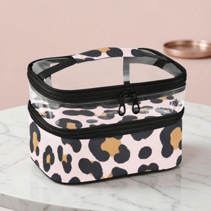 Sac de maquillage double couche imprimé léopard rose personnalisé en gros, pochette cosmétique transparente avec fermeture éclair, trousse de toilette étanche - Product Image 1