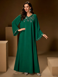 LEDUO Customized Elegant Luxury Women Crystal <b>Flare</b> Sleeve Green Muslim Daily Dress - Product Image 3