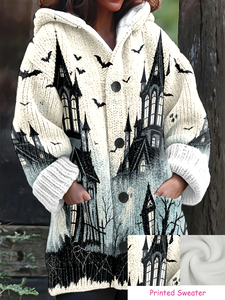 Cardigan à capuche boutonné pour <span class=keywords><strong>femme</strong></span>, imprimé gothique château hanté, chauve-souris et toile d'araignée, manteau décontracté pour le quotidien et les fêtes, personnalisation possible - Product Image 1