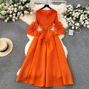 LY765 New 2024 Vintage Court Stylish Solid Color 3D Floral Decorate Tassels Bouncing Casual Dress Clothing 3