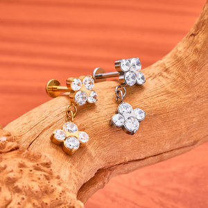 Boucles d'oreilles tendance en titane G23 16G avec <span class=keywords><strong>double</strong></span> fleur CZ pendante et dos plat, pour <span class=keywords><strong>piercing</strong></span> d'<span class=keywords><strong>oreille</strong></span>, labret, lèvre, hélix, <span class=keywords><strong>tragus</strong></span>, bijoux de fête - Product Image 6