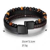 Pulsera de Cuero de 3 Tonos, Multicapa, Diseño Original, Tejida, con Cuentas de Piedra Natural de Ojo de Tigre para Hombre