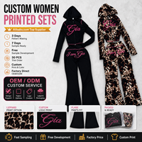 Ensemble de survêtement imprimé personnalisé pour femme OEM ODM, comprenant un sweat à capuche court zippé et un pantalon évasé, tenue deux pièces streetwear, vente en gros, faible MOQ