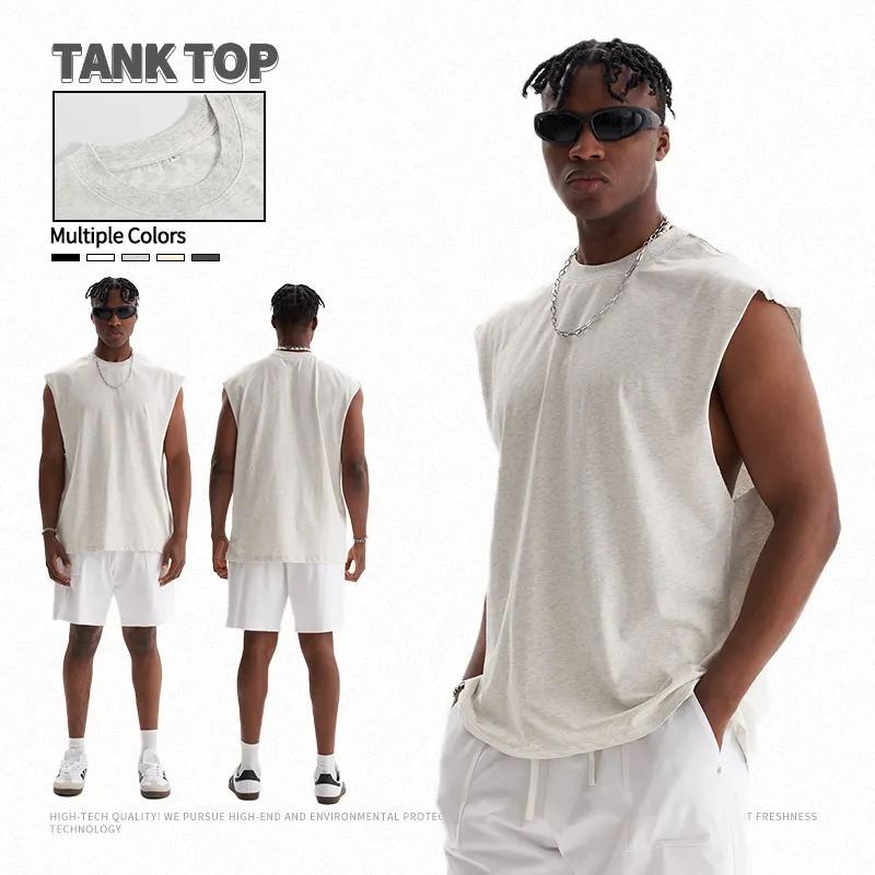 Yaz kolsuz erkek T shirt bırakılan % 100% pamuk Tank Tops 230GSM düz özel spor kolsuz T shirt