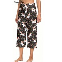 Pantalon large court ultra doux pour femme, imprimé floral sombre et coloré avec licorne, taille haute, effet ventre plat, idéal pour le yoga, la détente et le quotidien