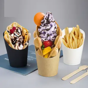 Custom Printed LOGO French Fries Crepes Holder Food Packaging,Cone Shape Paper Crepes Box