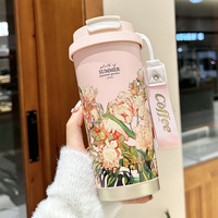 Nouveauté Tasse isotherme à vide en acier inoxydable 316 à motif floral réutilisable de grande capacité