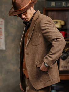 Veste en laine <span class=keywords><strong>marron</strong></span> pour hommes en <span class=keywords><strong>tweed</strong></span> britannique rétro de haute qualité simple boutonnage costume mince <span class=keywords><strong>Blazer</strong></span> plat rembourré décontracté - Product Image 3