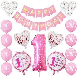 Juego de decoración de fiesta para niños, cartel de fiesta de primer cumpleaños con tema de papel azul y rosa, proveedores de globos