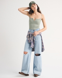 Jeans Leduo personalizados de corte ancho, lavado vintage, rotos, de tiro alto, con agujeros, holgados, para uso diario informal, para mujer. - Product Image 1