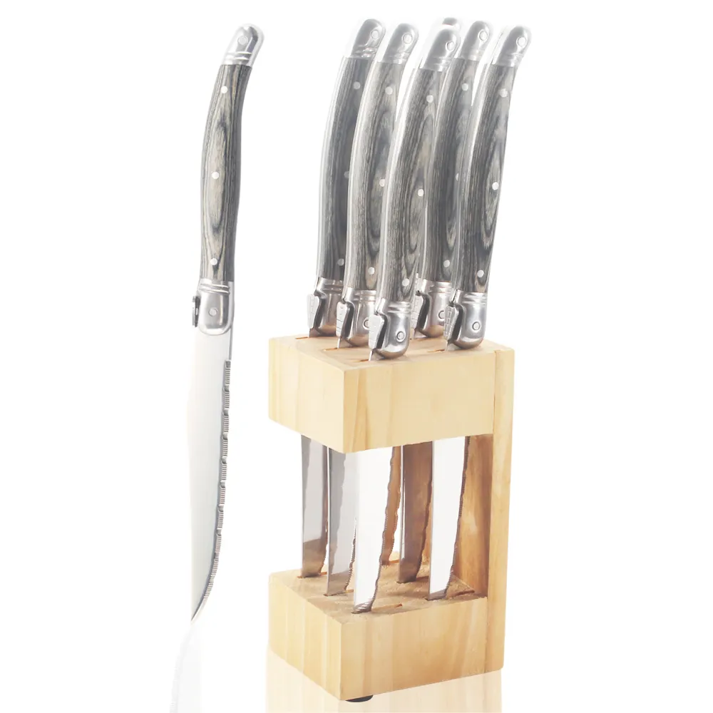 Hot Selling stainless Steel 6pcs wood handle laguiole steak kitchen knife with collection block