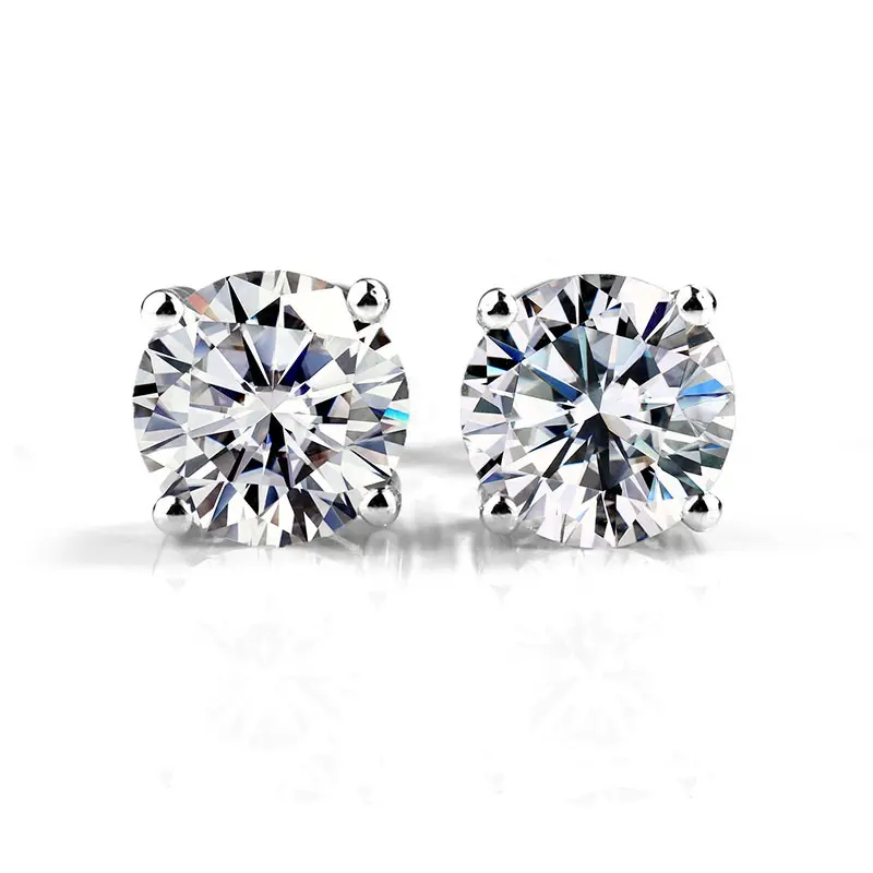 2022 fashion moissanite studs earrings 925 sliver def 1ct 2ct 3ct diamond round moissanite 4prong earrings