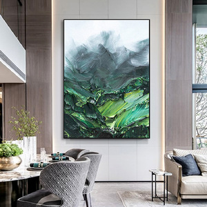 Pintura al óleo pintada a mano, paisaje verde, arte de montaña, marco de metal, arte decorativo de pared para sala de estar, fondo de sofá - Product Image 1
