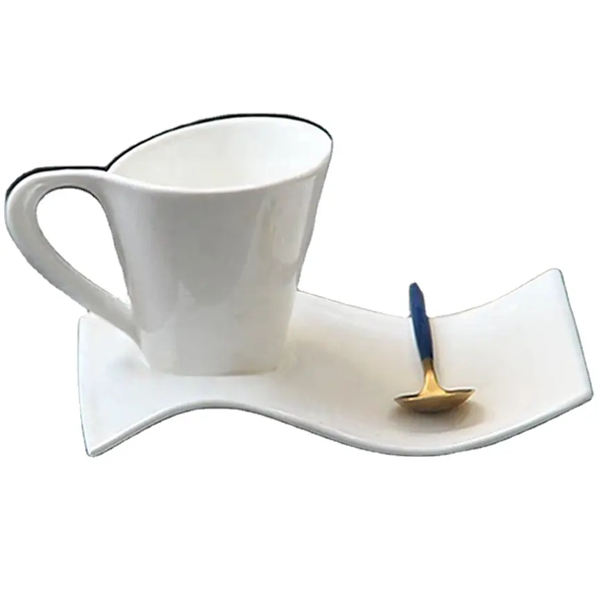 Irregular unique shaped exotic white small 120 ml 4oz espresso cup saucer cup sets for coffee and tea